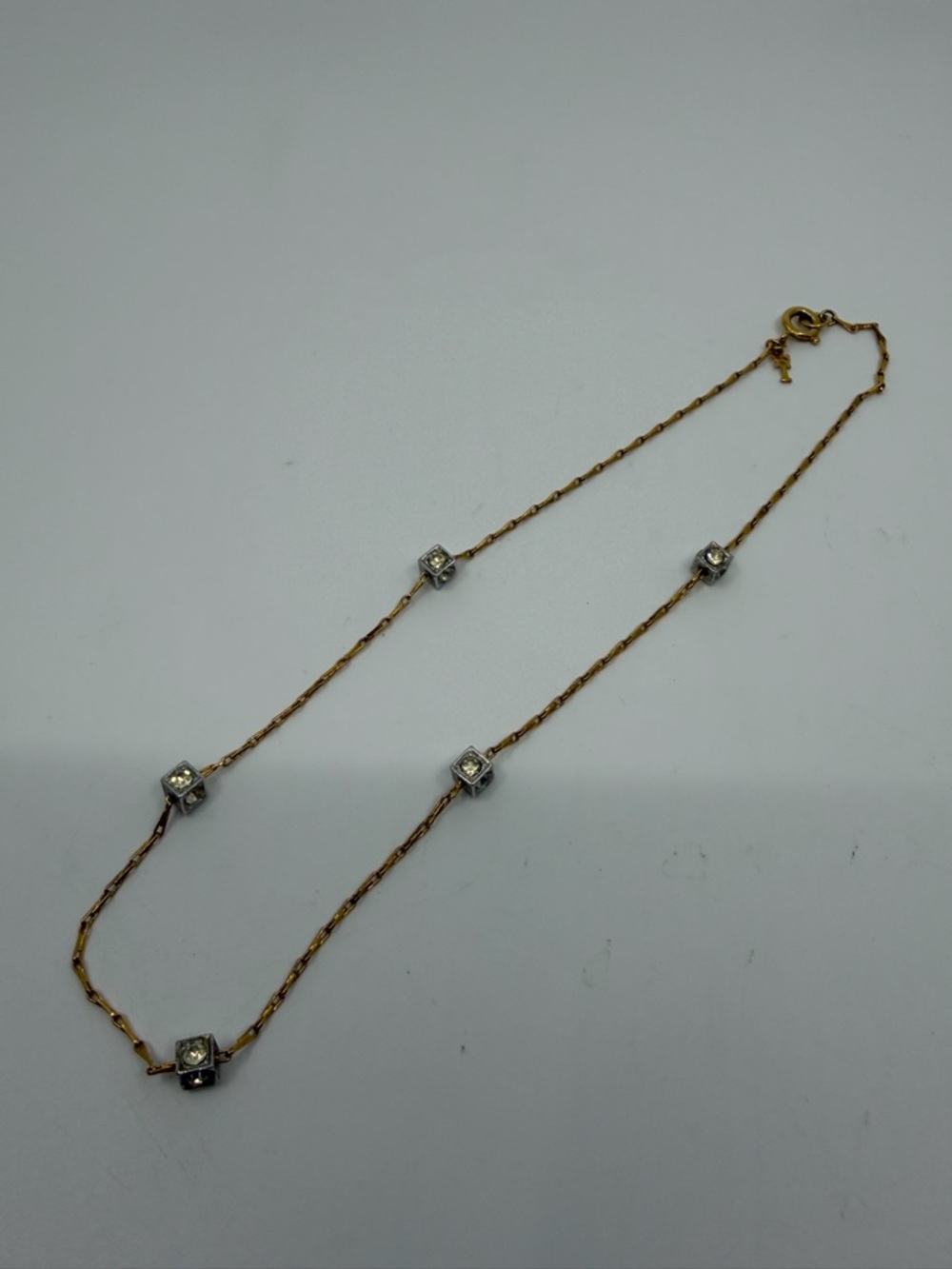 Vintage Crown Trifari Gold tone Chain Necklace with Square Clear Stone Accents